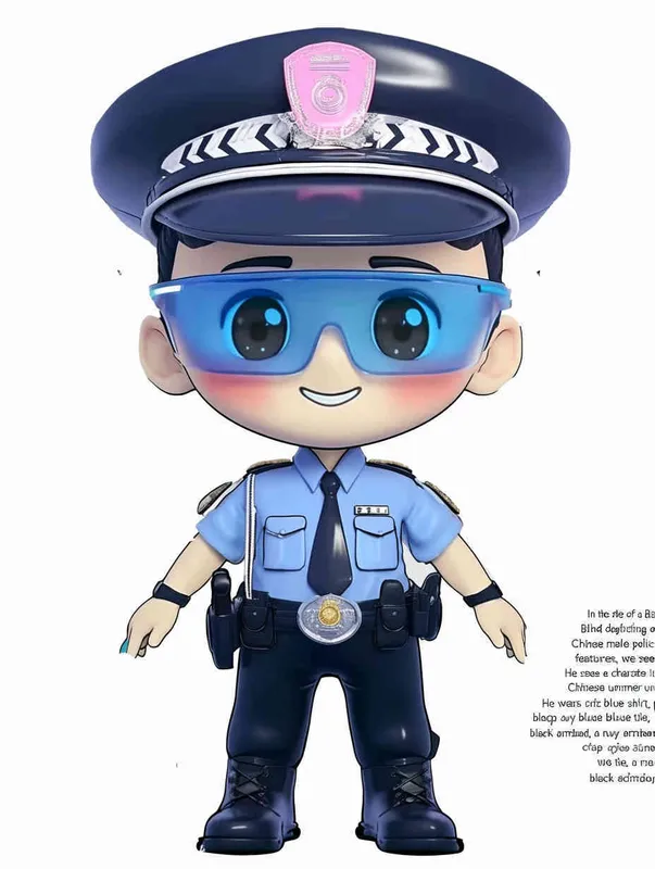Blind Box Style , full body, chibi, Delicate features, A cute Chinese male police officer, dressed in summer police uniform, blue shirt, black police hat, navy blue tie, black armband, black pants, black leather shoes,  cyberpunk blue glowing glasses, Q-version，white background, Natural lighting, 8K, best quality, ultra - detail, 3D, C4D, Blender, OC renderer, ultra HD, 3D rendering  - style2部分