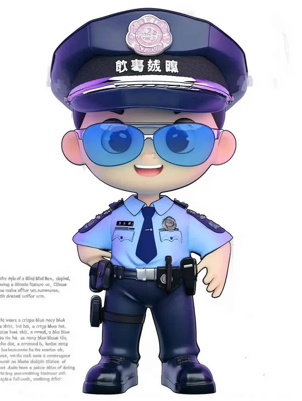 Blind Box Style , full body, chibi, Delicate features, A cute Chinese male police officer, dressed in summer police uniform, blue shirt, black police hat, navy blue tie, black armband, black pants, black leather shoes,  cyberpunk blue glowing glasses, Q-version，white background, Natural lighting, 8K, best quality, ultra - detail, 3D, C4D, Blender, OC renderer, ultra HD, 3D rendering  - style3部分