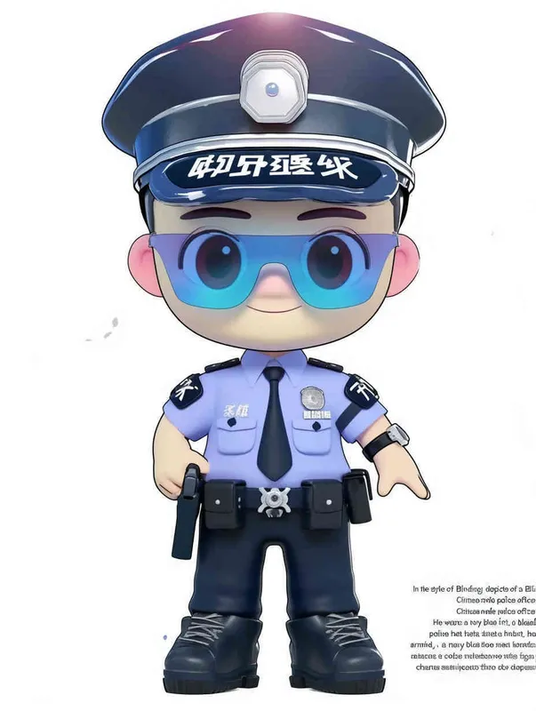 Blind Box Style , full body, chibi, Delicate features, A cute Chinese male police officer, dressed in summer police uniform, blue shirt, black police hat, navy blue tie, black armband, black pants, black leather shoes,  cyberpunk blue glowing glasses, Q-version，white background, Natural lighting, 8K, best quality, ultra - detail, 3D, C4D, Blender, OC renderer, ultra HD, 3D rendering  - style4部分