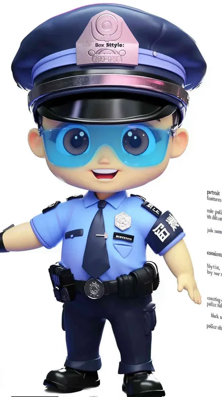 Blind Box Style , full body, chibi, Delicate features, A cute Chinese male police officer, dressed in summer police uniform, blue shirt, black police hat, navy blue tie, black armband, black pants, black leather shoes,  cyberpunk blue glowing glasses, Q-version，white background, Natural lighting, 8K, best quality, ultra - detail, 3D, C4D, Blender, OC renderer, ultra HD, 3D rendering  - style1部分