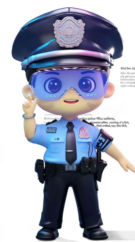 Blind Box Style , full body, chibi, Delicate features, A cute Chinese male police officer, dressed in summer police uniform, blue shirt, black police hat, navy blue tie, black armband, black pants, black leather shoes,  cyberpunk blue glowing glasses, Q-version，white background, Natural lighting, 8K, best quality, ultra - detail, 3D, C4D, Blender, OC renderer, ultra HD, 3D rendering  - style2部分