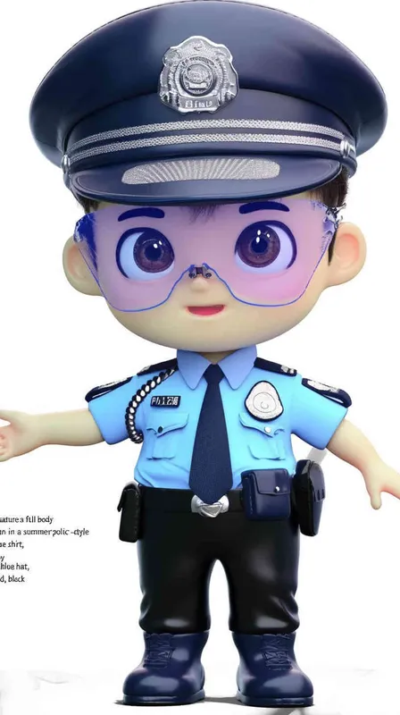 Blind Box Style , full body, chibi, Delicate features, A cute Chinese male police officer, dressed in summer police uniform, blue shirt, black police hat, navy blue tie, black armband, black pants, black leather shoes,  cyberpunk blue glowing glasses, Q-version，white background, Natural lighting, 8K, best quality, ultra - detail, 3D, C4D, Blender, OC renderer, ultra HD, 3D rendering  - style3部分