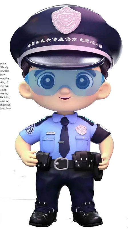Blind Box Style , full body, chibi, Delicate features, A cute Chinese male police officer, dressed in summer police uniform, blue shirt, black police hat, navy blue tie, black armband, black pants, black leather shoes,  cyberpunk blue glowing glasses, Q-version，white background, Natural lighting, 8K, best quality, ultra - detail, 3D, C4D, Blender, OC renderer, ultra HD, 3D rendering  - style2部分