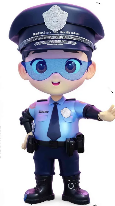 Blind Box Style , full body, chibi, Delicate features, A cute Chinese male police officer, dressed in summer police uniform, blue shirt, black police hat, navy blue tie, black armband, black pants, black leather shoes,  cyberpunk blue glowing glasses, Q-version，white background, Natural lighting, 8K, best quality, ultra - detail, 3D, C4D, Blender, OC renderer, ultra HD, 3D rendering  - style3部分