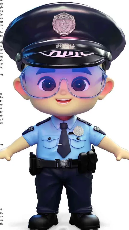 Blind Box Style , full body, chibi, Delicate features, A cute Chinese male police officer, dressed in summer police uniform, blue shirt, black police hat, navy blue tie, black armband, black pants, black leather shoes,  cyberpunk blue glowing glasses, Q-version，white background, Natural lighting, 8K, best quality, ultra - detail, 3D, C4D, Blender, OC renderer, ultra HD, 3D rendering  - style4部分
