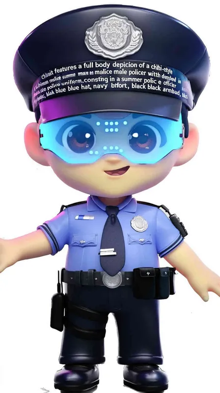 Blind Box Style , full body, chibi, Delicate features, A cute Chinese male police officer, dressed in summer police uniform, blue shirt, black police hat, navy blue tie, black armband, black pants, black leather shoes,  cyberpunk blue glowing glasses, Q-version，white background, Natural lighting, 8K, best quality, ultra - detail, 3D, C4D, Blender, OC renderer, ultra HD, 3D rendering  - style1部分