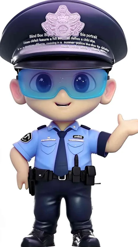 Blind Box Style , full body, chibi, Delicate features, A cute Chinese male police officer, dressed in summer police uniform, blue shirt, black police hat, navy blue tie, black armband, black pants, black leather shoes,  cyberpunk blue glowing glasses, Q-version，white background, Natural lighting, 8K, best quality, ultra - detail, 3D, C4D, Blender, OC renderer, ultra HD, 3D rendering  - style2部分