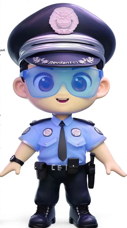 Blind Box Style , full body, chibi, Delicate features, A cute Chinese male police officer, dressed in summer police uniform, blue shirt, black police hat, navy blue tie, black armband, black pants, black leather shoes,  cyberpunk blue glowing glasses, Q-version，white background, Natural lighting, 8K, best quality, ultra - detail, 3D, C4D, Blender, OC renderer, ultra HD, 3D rendering  - style3部分