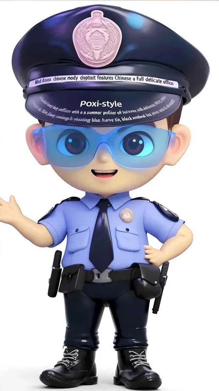 Blind Box Style , full body, chibi, Delicate features, A cute Chinese male police officer, dressed in summer police uniform, blue shirt, black police hat, navy blue tie, black armband, black pants, black leather shoes,  cyberpunk blue glowing glasses, Q-version，white background, Natural lighting, 8K, best quality, ultra - detail, 3D, C4D, Blender, OC renderer, ultra HD, 3D rendering  - style4部分