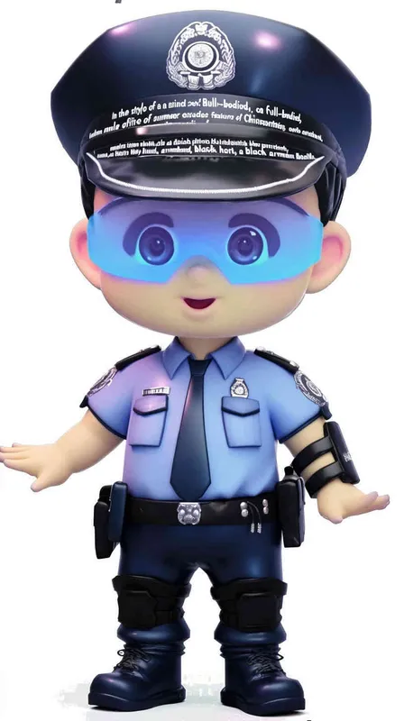 Blind Box Style , full body, chibi, Delicate features, A cute Chinese male police officer, dressed in summer police uniform, blue shirt, black police hat, navy blue tie, black armband, black pants, black leather shoes,  cyberpunk blue glowing glasses, Q-version，white background, Natural lighting, 8K, best quality, ultra - detail, 3D, C4D, Blender, OC renderer, ultra HD, 3D rendering  - style1部分