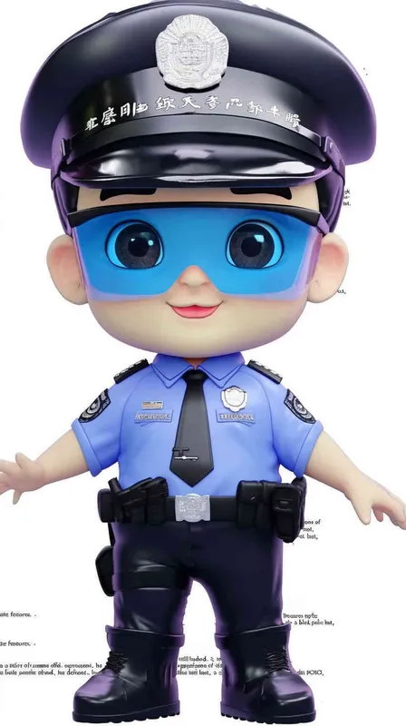 Blind Box Style , full body, chibi, Delicate features, A cute Chinese male police officer, dressed in summer police uniform, blue shirt, black police hat, navy blue tie, black armband, black pants, black leather shoes,  cyberpunk blue glowing glasses, Q-version，white background, Natural lighting, 8K, best quality, ultra - detail, 3D, C4D, Blender, OC renderer, ultra HD, 3D rendering  - style2部分