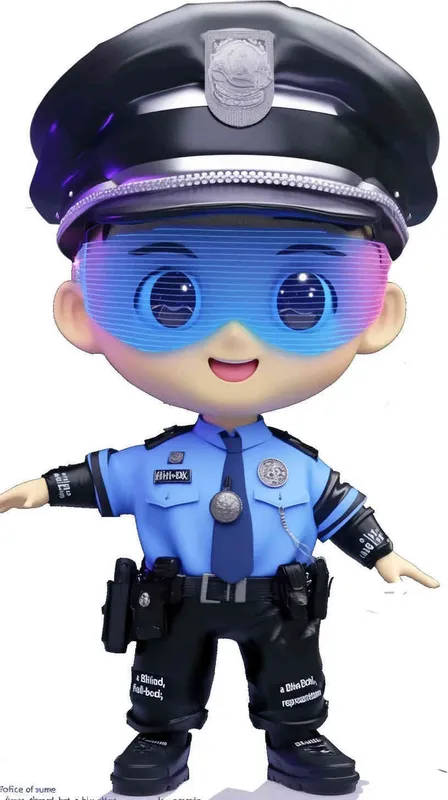 Blind Box Style , full body, chibi, Delicate features, A cute Chinese male police officer, dressed in summer police uniform, blue shirt, black police hat, navy blue tie, black armband, black pants, black leather shoes,  cyberpunk blue glowing glasses, Q-version，white background, Natural lighting, 8K, best quality, ultra - detail, 3D, C4D, Blender, OC renderer, ultra HD, 3D rendering  - style3部分