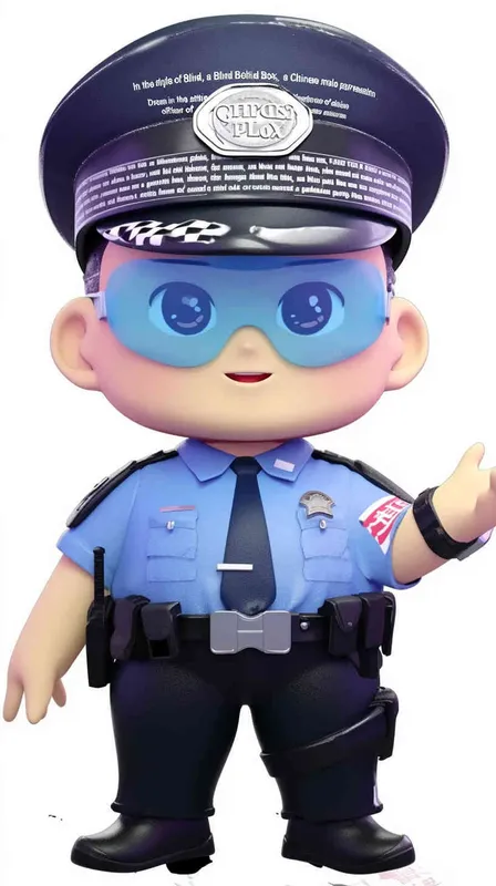 Blind Box Style , full body, chibi, Delicate features, A cute Chinese male police officer, dressed in summer police uniform, blue shirt, black police hat, navy blue tie, black armband, black pants, black leather shoes,  cyberpunk blue glowing glasses, Q-version，white background, Natural lighting, 8K, best quality, ultra - detail, 3D, C4D, Blender, OC renderer, ultra HD, 3D rendering  - style4部分