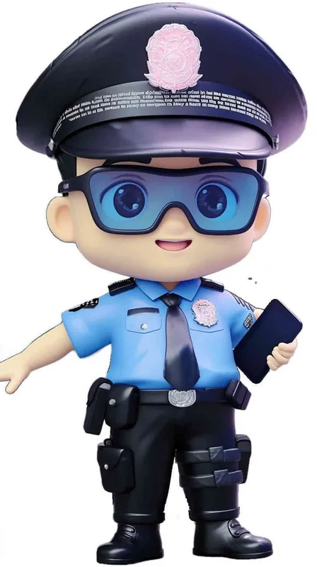 Blind Box Style , full body, chibi, Delicate features, A cute Chinese male police officer, dressed in summer police uniform, blue shirt, black police hat, navy blue tie, black armband, black pants, holding an iPad, black leather shoes,  cyberpunk blue glowing glasses, Q-version，white background, Natural lighting, 8K, best quality, ultra – detail, 3D, C4D, Blender, OC renderer, ultra HD, 3D rendering  – AI绘画作品展示 | Midjourney中文版生成