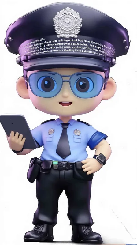 Blind Box Style , full body, chibi, Delicate features, A cute Chinese male police officer, dressed in summer police uniform, blue shirt, black police hat, navy blue tie, black armband, black pants, holding an iPad, black leather shoes,  cyberpunk blue glowing glasses, Q-version，white background, Natural lighting, 8K, best quality, ultra - detail, 3D, C4D, Blender, OC renderer, ultra HD, 3D rendering  - AI绘画作品展示 | Midjourney中文版生成