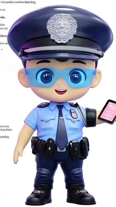 Blind Box Style , full body, chibi, Delicate features, A cute Chinese male police officer, dressed in summer police uniform, blue shirt, black police hat, navy blue tie, black armband, black pants, holding an iPad, black leather shoes,  cyberpunk blue glowing glasses, Q-version，white background, Natural lighting, 8K, best quality, ultra - detail, 3D, C4D, Blender, OC renderer, ultra HD, 3D rendering  - AI绘画作品展示 | Midjourney中文版生成