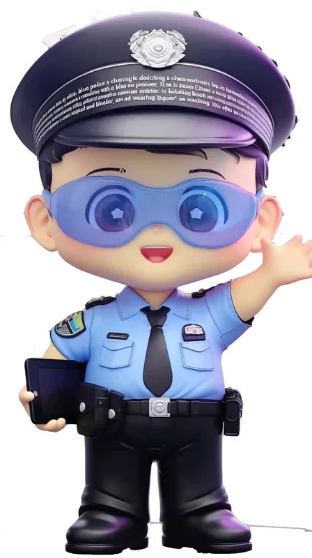 Blind Box Style , full body, chibi, Delicate features, A cute Chinese male police officer, dressed in summer police uniform, blue shirt, black police hat, navy blue tie, black armband, black pants, holding an iPad, black leather shoes,  cyberpunk blue glowing glasses, Q-version，white background, Natural lighting, 8K, best quality, ultra - detail, 3D, C4D, Blender, OC renderer, ultra HD, 3D rendering  - AI绘画作品展示 | Midjourney中文版生成
