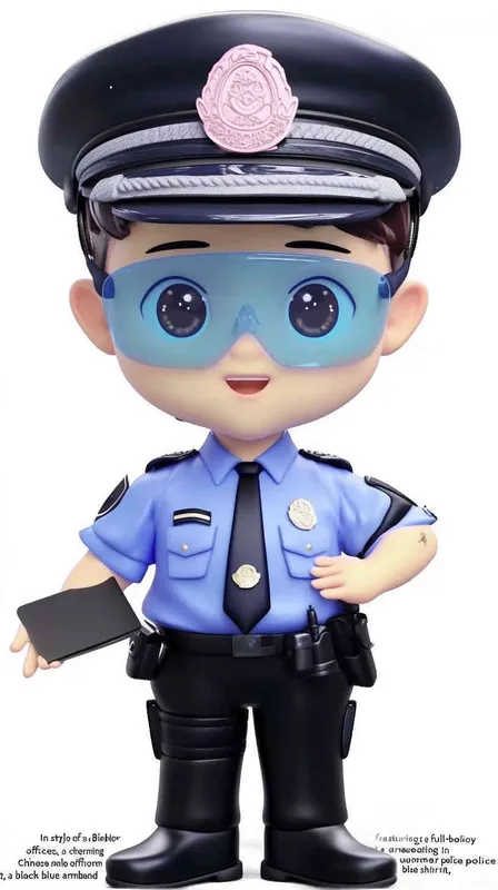 Blind Box Style , full body, chibi, Delicate features, A cute Chinese male police officer, dressed in summer police uniform, blue shirt, black police hat, navy blue tie, black armband, black pants, holding an iPad, black leather shoes,  cyberpunk blue glowing glasses, Q-version,white background, Natural lighting, 8K, best quality, ultra – detail, 3D, C4D, Blender, OC renderer, ultra HD, 3D rendering  – AI绘画作品展示 | Midjourney中文版生成