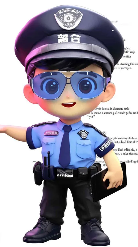 Blind Box Style , full body, chibi, Delicate features, A cute Chinese male police officer, dressed in summer police uniform, blue shirt, black police hat, navy blue tie, black armband, black pants, holding an iPad, black leather shoes,  cyberpunk blue glowing glasses, Q-version，white background, Natural lighting, 8K, best quality, ultra - detail, 3D, C4D, Blender, OC renderer, ultra HD, 3D rendering  - AI绘画作品展示 | Midjourney中文版生成