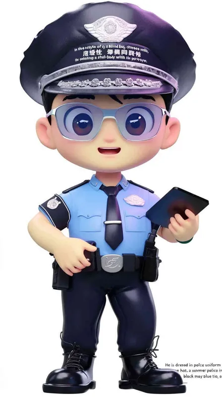 Blind Box Style , full body, chibi, Delicate features, A cute Chinese male police officer, dressed in summer police uniform, blue shirt, black police hat, navy blue tie, black armband, black pants, holding an iPad, black leather shoes,  cyberpunk blue glowing glasses, Q-version，white background, Natural lighting, 8K, best quality, ultra - detail, 3D, C4D, Blender, OC renderer, ultra HD, 3D rendering  - AI绘画作品展示 | Midjourney中文版生成
