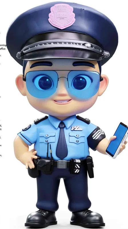 Blind Box Style , full body, chibi, Delicate features, A cute Chinese male police officer, dressed in summer police uniform, blue shirt, black police hat, navy blue tie, black armband, black pants, holding an iPad, black leather shoes,  cyberpunk blue glowing glasses, Q-version，white background, Natural lighting, 8K, best quality, ultra - detail, 3D, C4D, Blender, OC renderer, ultra HD, 3D rendering  - style1部分