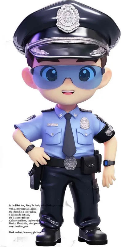 Blind Box Style , full body, chibi, Delicate features, A cute Chinese male police officer, dressed in summer police uniform, blue shirt, black police hat, navy blue tie, black armband, black pants, holding an iPad, black leather shoes,  cyberpunk blue glowing glasses, Q-version，white background, Natural lighting, 8K, best quality, ultra - detail, 3D, C4D, Blender, OC renderer, ultra HD, 3D rendering  - style2部分