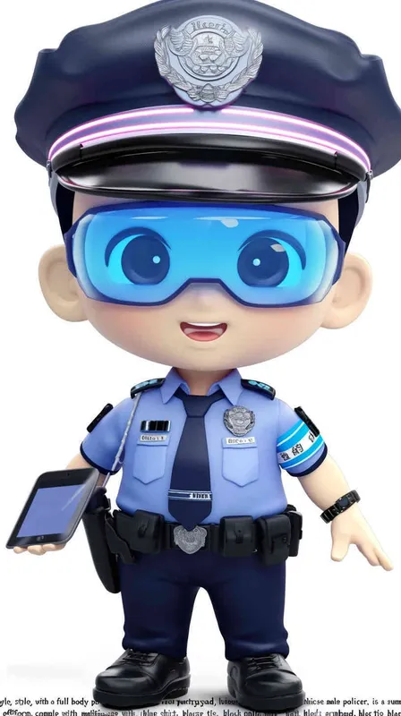 Blind Box Style , full body, chibi, Delicate features, A cute Chinese male police officer, dressed in summer police uniform, blue shirt, black police hat, navy blue tie, black armband, black pants, holding an iPad, black leather shoes,  cyberpunk blue glowing glasses, Q-version，white background, Natural lighting, 8K, best quality, ultra - detail, 3D, C4D, Blender, OC renderer, ultra HD, 3D rendering  - style3部分