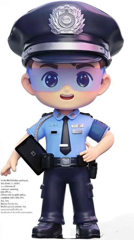 Blind Box Style , full body, chibi, Delicate features, A cute Chinese male police officer, dressed in summer police uniform, blue shirt, black police hat, navy blue tie, black armband, black pants, holding an iPad, black leather shoes,  cyberpunk blue glowing glasses, Q-version，white background, Natural lighting, 8K, best quality, ultra - detail, 3D, C4D, Blender, OC renderer, ultra HD, 3D rendering  - style4部分