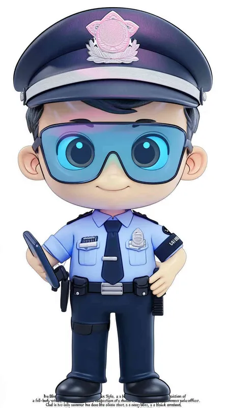 Blind Box Style , full body, chibi, Delicate features, A cute Chinese male police officer, dressed in summer police uniform, blue shirt, black police hat, navy blue tie, black armband, black pants, holding an iPad, black leather shoes,  cyberpunk blue glowing glasses, Q-version，white background, Natural lighting, 8K, best quality, ultra – detail, 3D, C4D, Blender, OC renderer, ultra HD, 3D rendering  – AI绘画作品展示 | Midjourney中文版生成