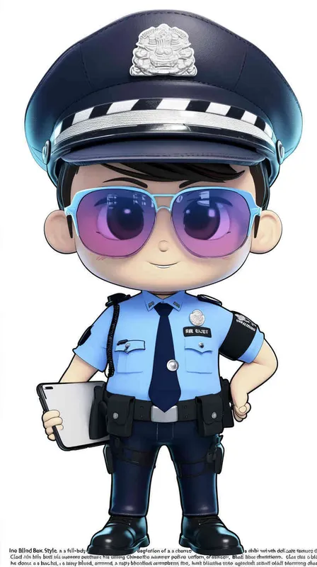 Blind Box Style , full body, chibi, Delicate features, A cute Chinese male police officer, dressed in summer police uniform, blue shirt, black police hat, navy blue tie, black armband, black pants, holding an iPad, black leather shoes,  cyberpunk blue glowing glasses, Q-version，white background, Natural lighting, 8K, best quality, ultra - detail, 3D, C4D, Blender, OC renderer, ultra HD, 3D rendering  - AI绘画作品展示 | Midjourney中文版生成