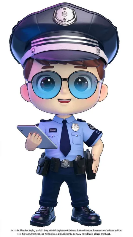 Blind Box Style , full body, chibi, Delicate features, A cute Chinese male police officer, dressed in summer police uniform, blue shirt, black police hat, navy blue tie, black armband, black pants, holding an iPad, black leather shoes,  cyberpunk blue glowing glasses, Q-version，white background, Natural lighting, 8K, best quality, ultra - detail, 3D, C4D, Blender, OC renderer, ultra HD, 3D rendering  - AI绘画作品展示 | Midjourney中文版生成