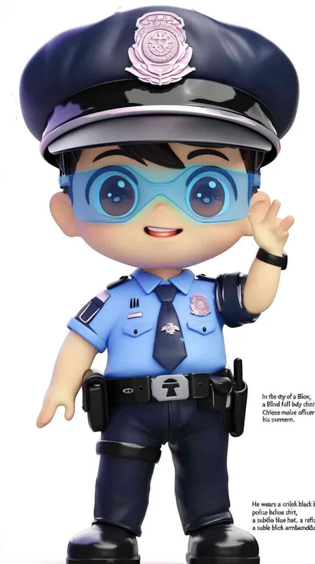 Blind Box Style , full body, chibi, Delicate features, A cute Chinese male police officer, dressed in summer police uniform, blue shirt, black police hat, navy blue tie, black armband, black pants, holding an iPad, black leather shoes,  cyberpunk blue glowing glasses, Q-version，white background, Natural lighting, 8K, best quality, ultra - detail, 3D, C4D, Blender, OC renderer, ultra HD, 3D rendering  - style1部分