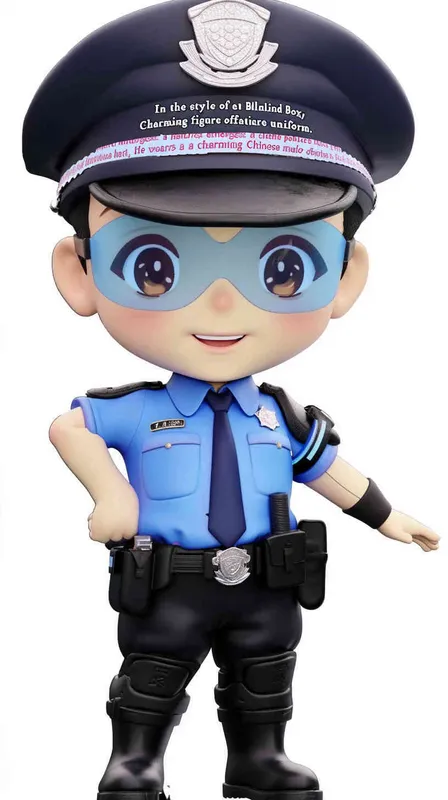 Blind Box Style , full body, chibi, Delicate features, A cute Chinese male police officer, dressed in summer police uniform, blue shirt, black police hat, navy blue tie, black armband, black pants, holding an iPad, black leather shoes,  cyberpunk blue glowing glasses, Q-version，white background, Natural lighting, 8K, best quality, ultra - detail, 3D, C4D, Blender, OC renderer, ultra HD, 3D rendering  - style2部分