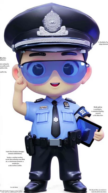Blind Box Style , full body, chibi, Delicate features, A cute Chinese male police officer, dressed in summer police uniform, blue shirt, black police hat, navy blue tie, black armband, black pants, holding an iPad, black leather shoes,  cyberpunk blue glowing glasses, Q-version，white background, Natural lighting, 8K, best quality, ultra - detail, 3D, C4D, Blender, OC renderer, ultra HD, 3D rendering  - style3部分
