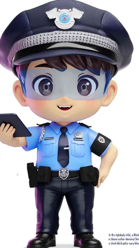 Blind Box Style , full body, chibi, Delicate features, A cute Chinese male police officer, dressed in summer police uniform, blue shirt, black police hat, navy blue tie, black armband, black pants, holding an iPad, black leather shoes,  cyberpunk blue glowing glasses, Q-version，white background, Natural lighting, 8K, best quality, ultra - detail, 3D, C4D, Blender, OC renderer, ultra HD, 3D rendering  - style4部分