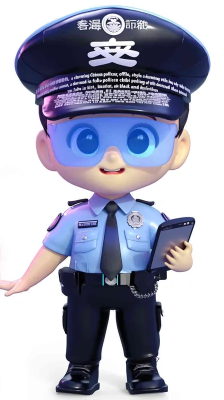 Blind Box Style , full body, chibi, Delicate features, A cute Chinese male police officer, dressed in summer police uniform, blue shirt, black police hat, navy blue tie, black armband, black pants, holding an iPad, black leather shoes,  cyberpunk blue glowing glasses, Q-version，white background, Natural lighting, 8K, best quality, ultra - detail, 3D, C4D, Blender, OC renderer, ultra HD, 3D rendering  - style1部分