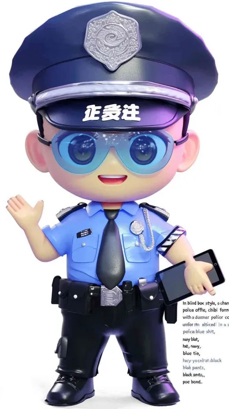 Blind Box Style , full body, chibi, Delicate features, A cute Chinese male police officer, dressed in summer police uniform, blue shirt, black police hat, navy blue tie, black armband, black pants, holding an iPad, black leather shoes,  cyberpunk blue glowing glasses, Q-version，white background, Natural lighting, 8K, best quality, ultra - detail, 3D, C4D, Blender, OC renderer, ultra HD, 3D rendering  - style3部分
