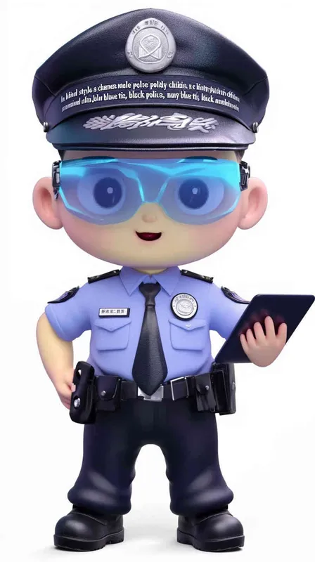 Blind Box Style , full body, chibi, Delicate features, A cute Chinese male police officer, dressed in summer police uniform, blue shirt, black police hat, navy blue tie, black armband, black pants, holding an iPad, black leather shoes,  cyberpunk blue glowing glasses, Q-version，white background, Natural lighting, 8K, best quality, ultra - detail, 3D, C4D, Blender, OC renderer, ultra HD, 3D rendering  - style4部分