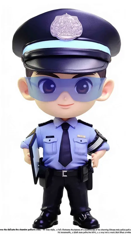 Blind Box Style , full body, chibi, Delicate features, A cute Chinese male police officer, dressed in summer police uniform, blue shirt, black police hat, navy blue tie, black armband, black pants, holding an iPad, black leather shoes,  cyberpunk blue glowing glasses, Q-version，white background, Natural lighting, 8K, best quality, ultra - detail, 3D, C4D, Blender, OC renderer, ultra HD, 3D rendering  - style1部分