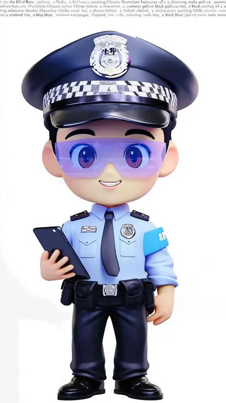Blind Box Style , full body, chibi, Delicate features, A cute Chinese male police officer, dressed in summer police uniform, blue shirt, black police hat, navy blue tie, black armband, black pants, holding an iPad, black leather shoes,  cyberpunk blue glowing glasses, Q-version，white background, Natural lighting, 8K, best quality, ultra - detail, 3D, C4D, Blender, OC renderer, ultra HD, 3D rendering  - style2部分