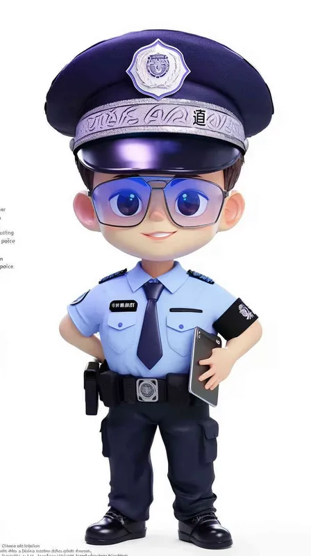 Blind Box Style , full body, chibi, Delicate features, A cute Chinese male police officer, dressed in summer police uniform, blue shirt, black police hat, navy blue tie, black armband, black pants, holding an iPad, black leather shoes,  cyberpunk blue glowing glasses, Q-version，white background, Natural lighting, 8K, best quality, ultra - detail, 3D, C4D, Blender, OC renderer, ultra HD, 3D rendering  - style3部分
