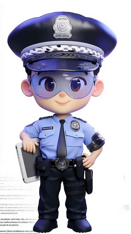 Blind Box Style , full body, chibi, Delicate features, A cute Chinese male police officer, dressed in summer police uniform, blue shirt, black police hat, navy blue tie, black armband, black pants, holding an iPad, black leather shoes,  cyberpunk blue glowing glasses, Q-version，white background, Natural lighting, 8K, best quality, ultra - detail, 3D, C4D, Blender, OC renderer, ultra HD, 3D rendering  - style4部分