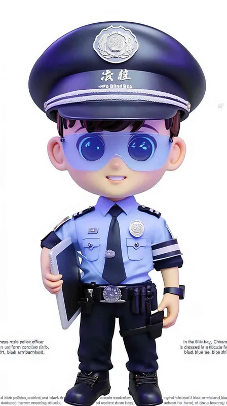 Blind Box Style , full body, chibi, Delicate features, A cute Chinese male police officer, dressed in summer police uniform, blue shirt, black police hat, navy blue tie, black armband, black pants, holding an iPad, black leather shoes,  cyberpunk blue glowing glasses, Q-version，white background, Natural lighting, 8K, best quality, ultra - detail, 3D, C4D, Blender, OC renderer, ultra HD, 3D rendering  - style2部分
