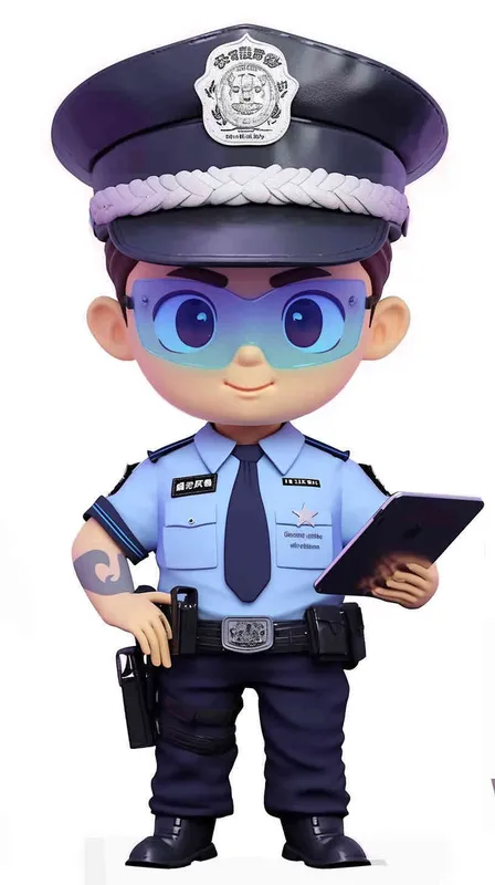 Blind Box Style , full body, chibi, Delicate features, A cute Chinese male police officer, dressed in summer police uniform, blue shirt, black police hat, navy blue tie, black armband, black pants, holding an iPad, black leather shoes,  cyberpunk blue glowing glasses, Q-version，white background, Natural lighting, 8K, best quality, ultra - detail, 3D, C4D, Blender, OC renderer, ultra HD, 3D rendering  - style3部分