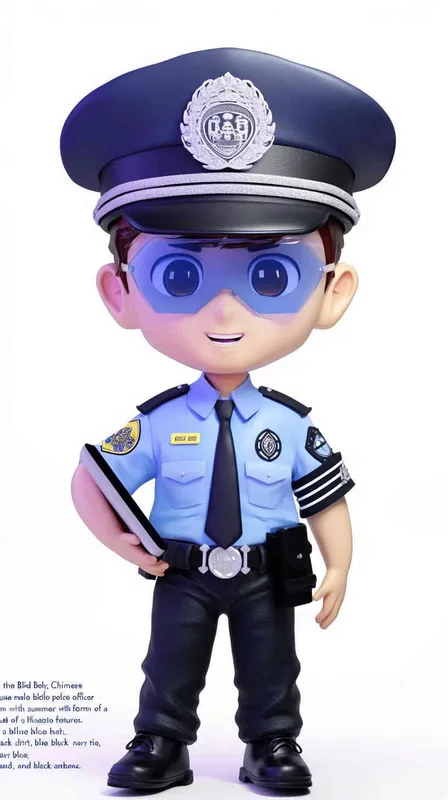 Blind Box Style , full body, chibi, Delicate features, A cute Chinese male police officer, dressed in summer police uniform, blue shirt, black police hat, navy blue tie, black armband, black pants, holding an iPad, black leather shoes,  cyberpunk blue glowing glasses, Q-version，white background, Natural lighting, 8K, best quality, ultra - detail, 3D, C4D, Blender, OC renderer, ultra HD, 3D rendering  - style4部分