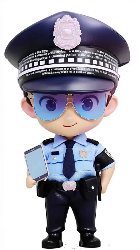Blind Box Style , full body, chibi, Delicate features, A cute Chinese male police officer, dressed in summer police uniform, blue shirt, black police hat, navy blue tie, black armband, black pants, holding an iPad, black leather shoes,  cyberpunk blue glowing glasses, Q-version，white background, Natural lighting, 8K, best quality, ultra - detail, 3D, C4D, Blender, OC renderer, ultra HD, 3D rendering  - style1部分