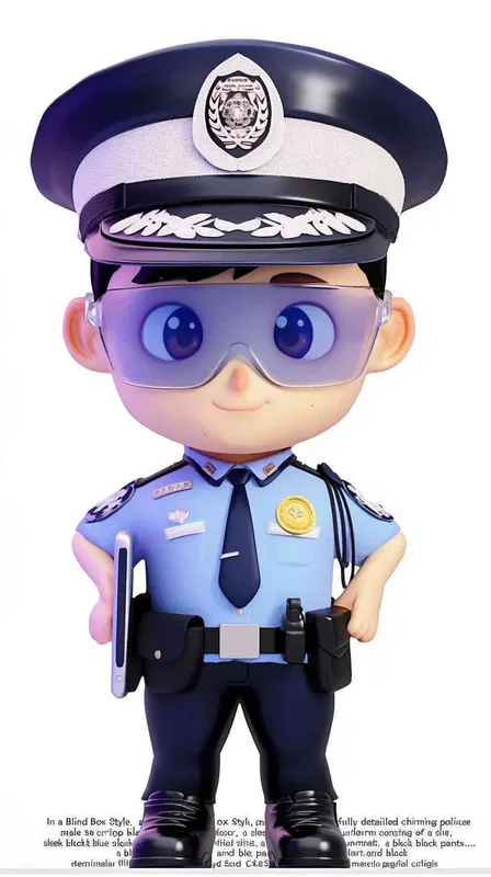 Blind Box Style , full body, chibi, Delicate features, A cute Chinese male police officer, dressed in summer police uniform, blue shirt, black police hat, navy blue tie, black armband, black pants, holding an iPad, black leather shoes,  cyberpunk blue glowing glasses, Q-version，white background, Natural lighting, 8K, best quality, ultra - detail, 3D, C4D, Blender, OC renderer, ultra HD, 3D rendering  - style2部分
