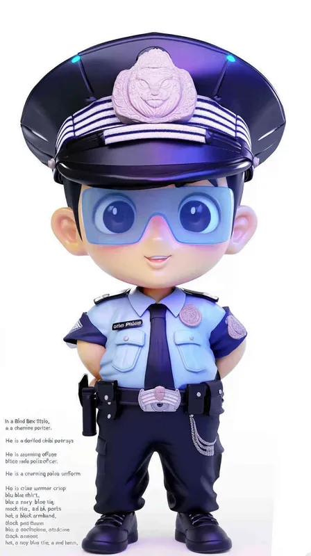 Blind Box Style , full body, chibi, Delicate features, A cute Chinese male police officer, dressed in summer police uniform, blue shirt, black police hat, navy blue tie, black armband, black pants, holding an iPad, black leather shoes,  cyberpunk blue glowing glasses, Q-version，white background, Natural lighting, 8K, best quality, ultra - detail, 3D, C4D, Blender, OC renderer, ultra HD, 3D rendering  - style4部分