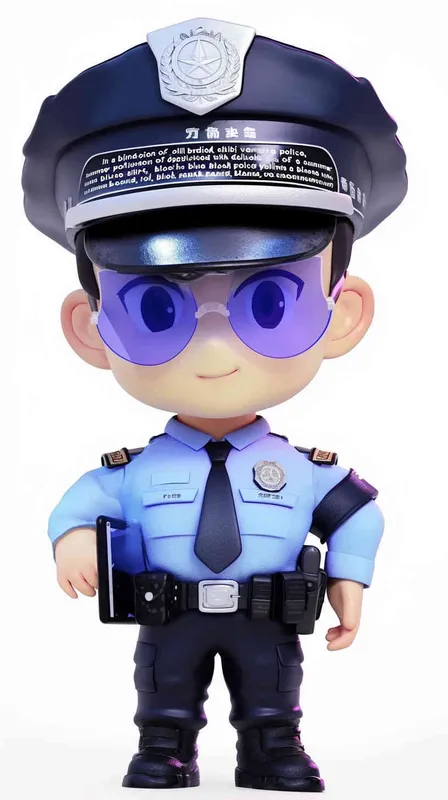 Blind Box Style , full body, chibi, Delicate features, A cute Chinese male police officer, dressed in summer police uniform, blue shirt, black police hat, navy blue tie, black armband, black pants, holding an iPad, black leather shoes,  cyberpunk blue glowing glasses, Q-version，white background, Natural lighting, 8K, best quality, ultra - detail, 3D, C4D, Blender, OC renderer, ultra HD, 3D rendering  - style1部分