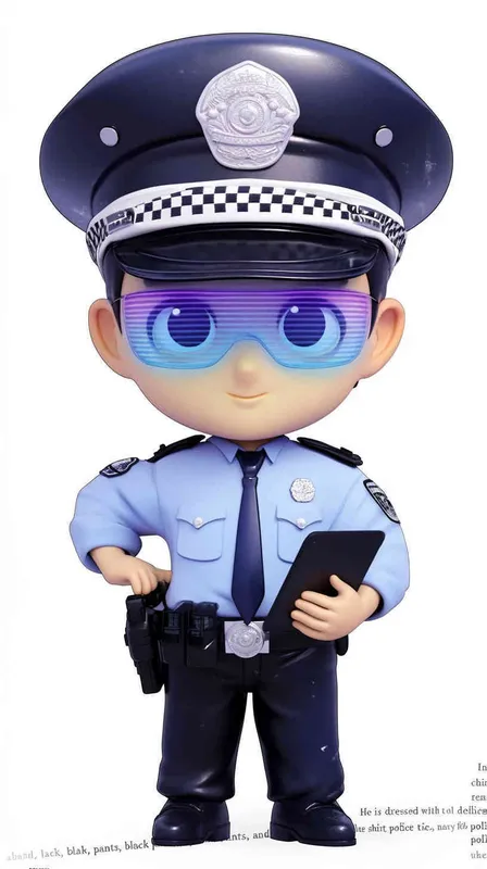 Blind Box Style , full body, chibi, Delicate features, A cute Chinese male police officer, dressed in summer police uniform, blue shirt, black police hat, navy blue tie, black armband, black pants, holding an iPad, black leather shoes,  cyberpunk blue glowing glasses, Q-version，white background, Natural lighting, 8K, best quality, ultra - detail, 3D, C4D, Blender, OC renderer, ultra HD, 3D rendering  - style3部分